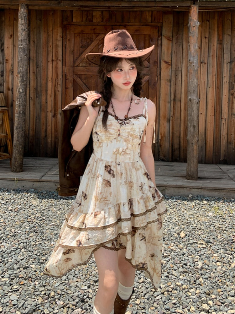 Vintage Butterfly Print Handkerchief Hem Dye Apricot Tie Spaghetti Strap Dress