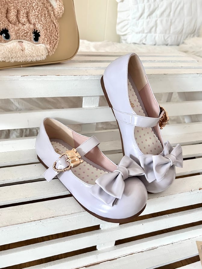 Bow Lolita Sweet at with Heart Bear Flats Top Buckles Hugging Purple