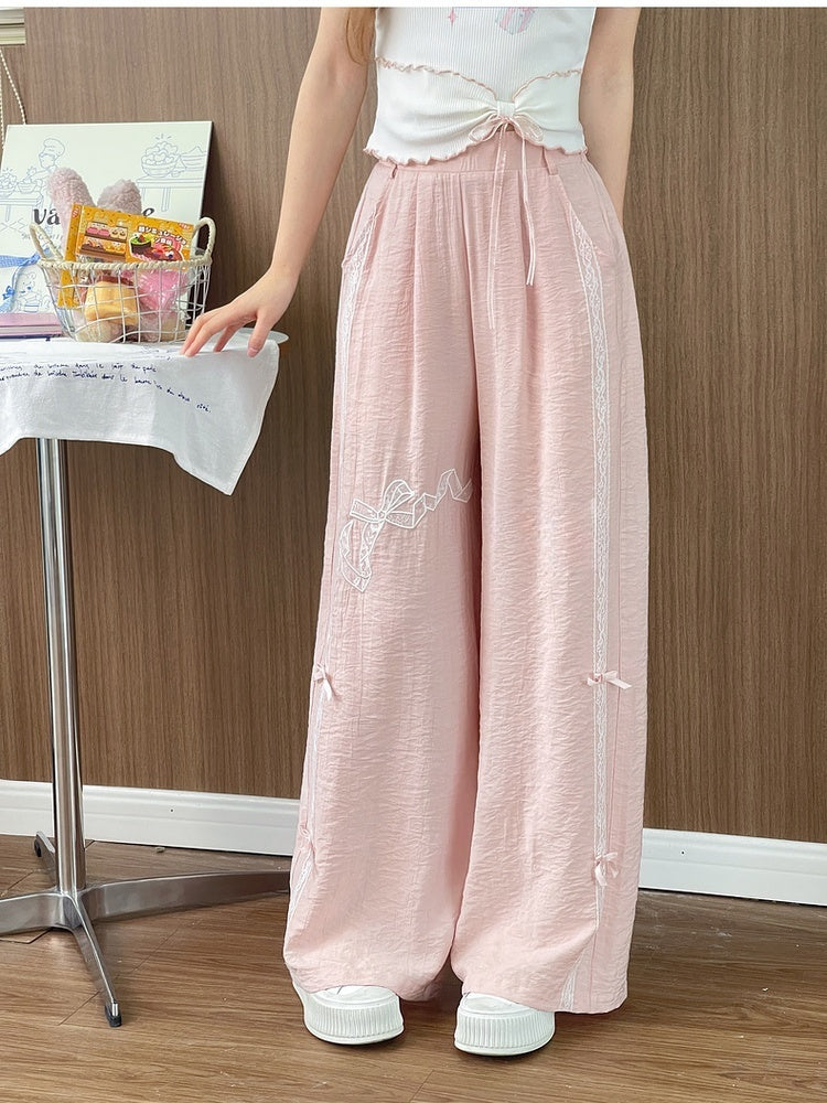 Sweet Regular/Short Pink High Version Waist Wide-Leg Pants Bowknot Embroidery