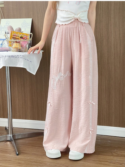 Sweet Regular/Short Pink High Version Waist Wide-Leg Pants Bowknot Embroidery