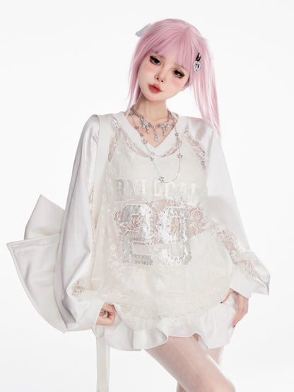 Sweatshirt Weiß V-Ausschnitt Kontrast Spitze Patches Nummer Applikation Sommer