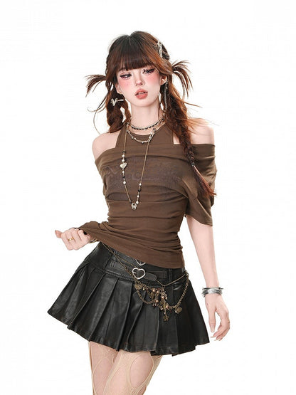 Aprikose/Schwarz/Kaffeefarbenes Neckholder-T-Shirt mit Cut-Outs an den Schultern und Buchstaben