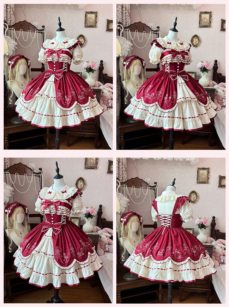 リボン結び ワインレッド ピーターパンカラー スイートベージュ フリル