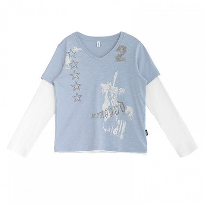 Dusty Blue Fake Two-Piece V-Neck Long Sleeve Tee with Print - innomoood
