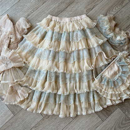 Details with Tulle Flower Multi-Layered Blue Lolita Beige Elegant Skirt Embroidery