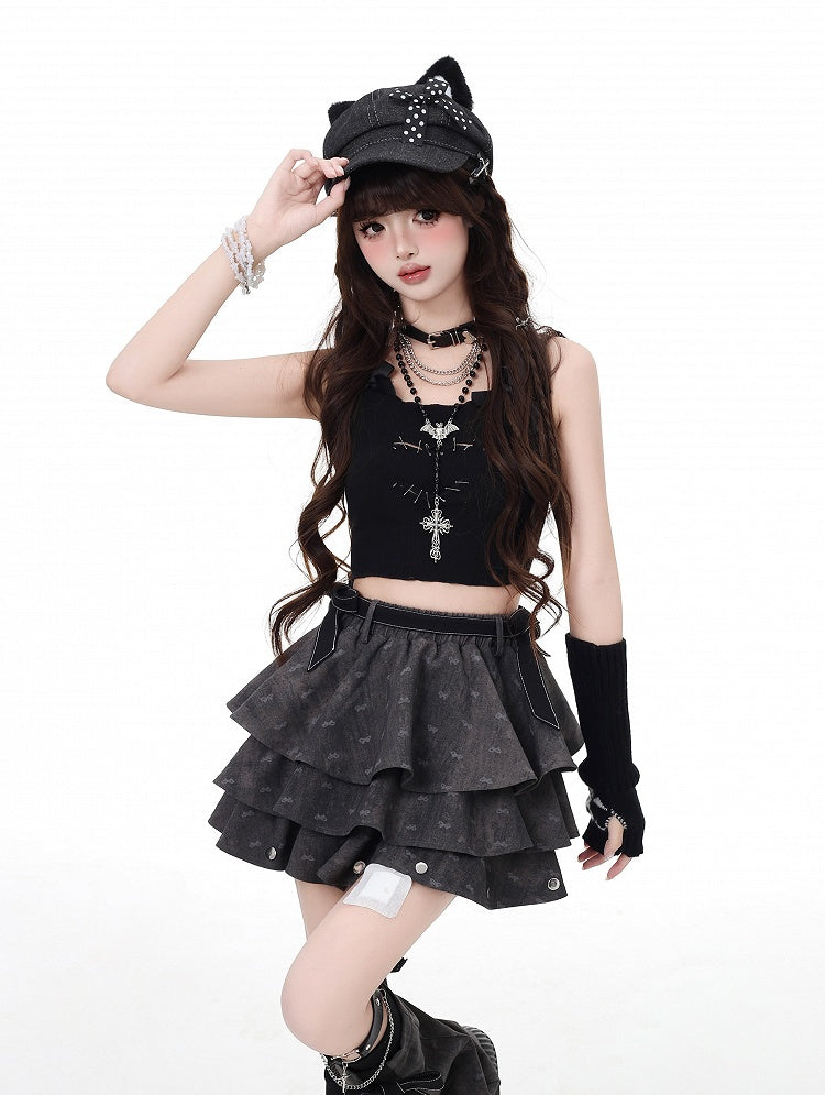 Dark Leg Details Tiered Skirt Flared with Free Warmers Gray Bowknot