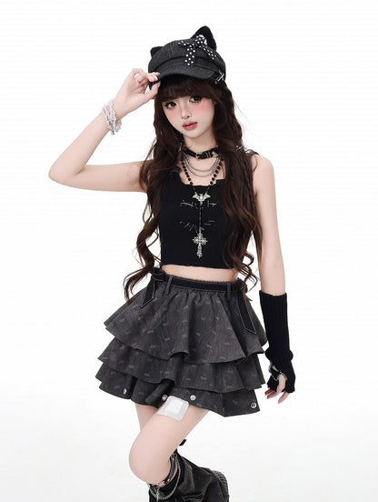 Dark Leg Details Tiered Skirt Flared with Free Warmers Gray Bowknot