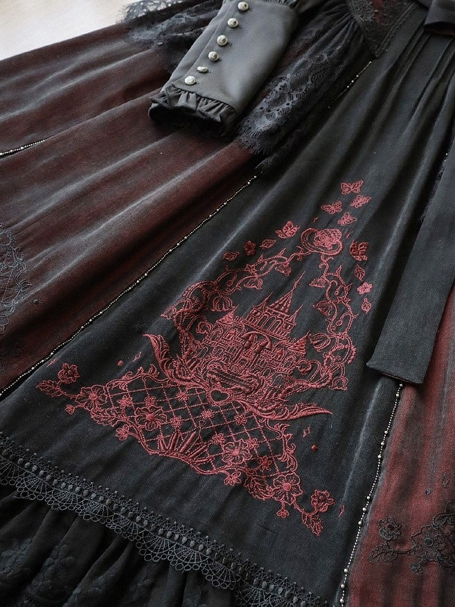 Details Dress with Square Neckline Embroidered Black Gothic Lace Red Lolita