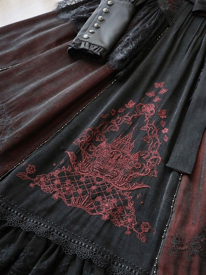 Details Dress with Square Neckline Embroidered Black Gothic Lace Red Lolita
