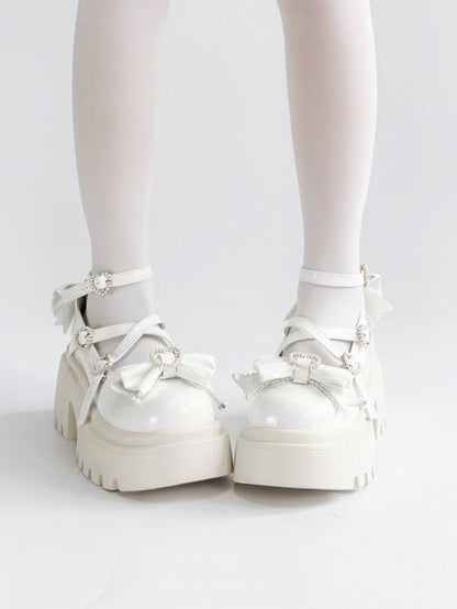 White Heart Platform Fastener Sweet Lolita Bow High Block with in Design Heels Accents Crisscross