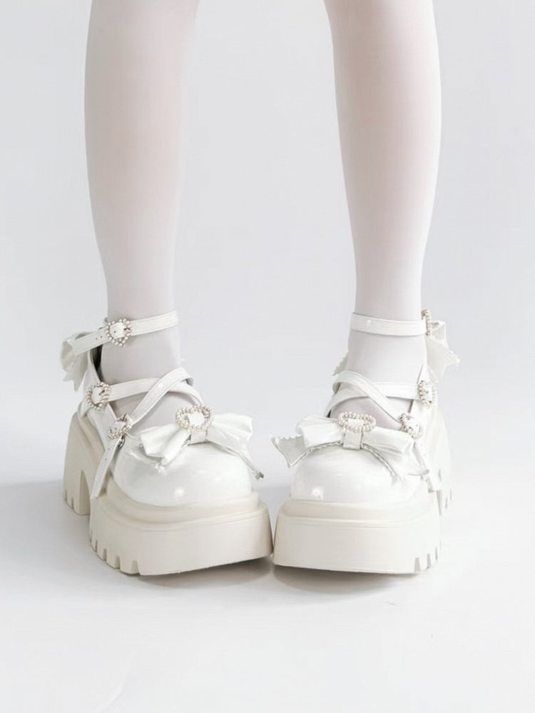 White Platform High Heels with Heart Buckle and Bow - Rainie Dream