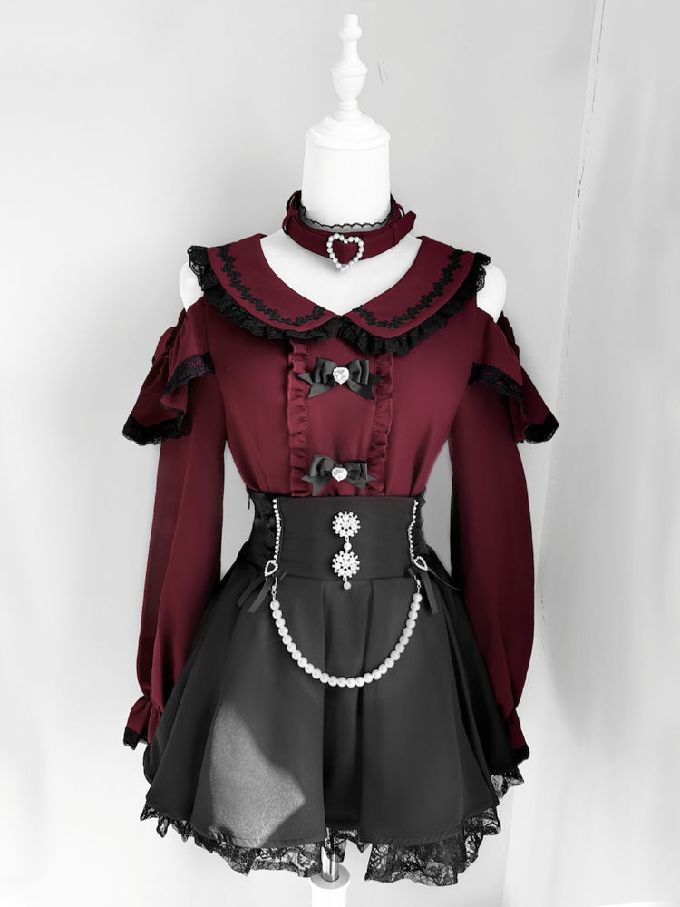 ジライケイ ピーターパンカラー カットアウトショルダー コントラスト 取り外し可能チョーカートリム ブラウス ブラック ワインレッド デザインレース