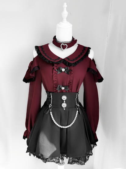 ジライケイ ピーターパンカラー カットアウトショルダー コントラスト 取り外し可能チョーカートリム ブラウス ブラック ワインレッド デザインレース