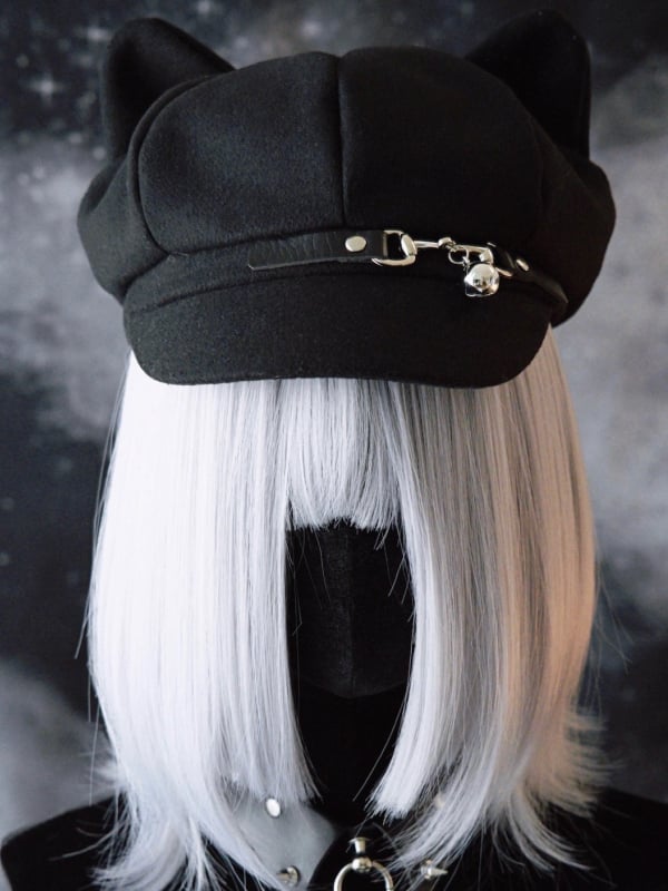 Gothic Hat Cat Black Buckle Design Ear Charm Beret Bell