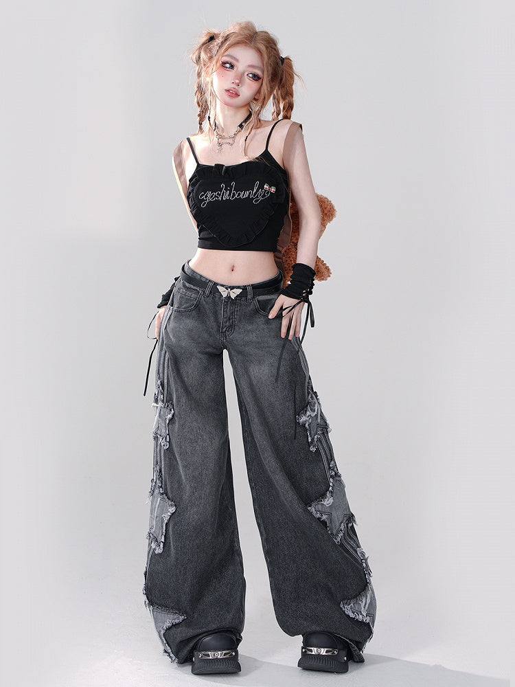 Low Grey Waist Wide-Leg Jeans with Frayed Star Patchwork