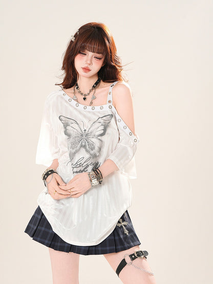 ストライプTシャツ アシンメトリーネックライン バタフライプリント ブラック/ホワイト