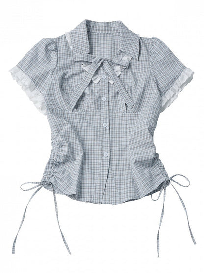 Blue Plaid Turn-down Collar Short Sleeve Shirt with Drawstring Waist & Lace - PINK SAVIOR