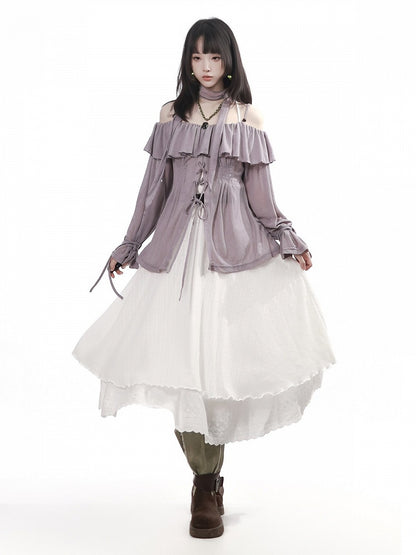 Ruffled Off-Shoulder Knit Top with Neck Scarf in Purple - PINK SAVIOR