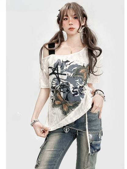 Butterfly Bittersweet Neckline Kawaii T-shirt Asymmetrical Applique White
