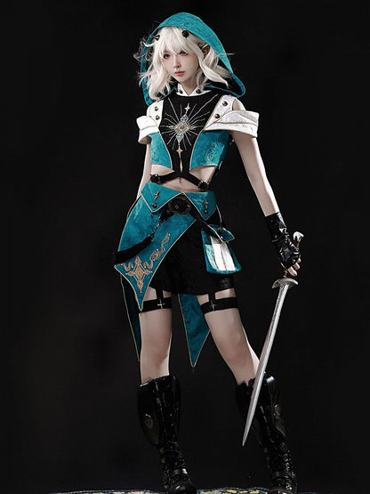 Teal Ouji Lolita Cutout Hooded Top + Asymmetric Metal Button Shorts Set - Xiong Dou Jiang