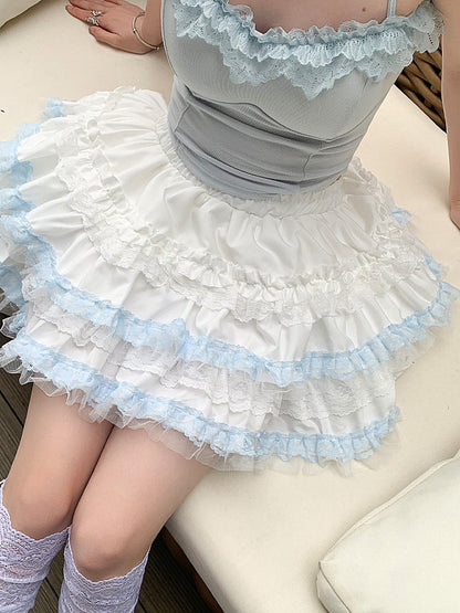 Puffy Layered High Waist Lace Skirt - Lan Jian Chuan