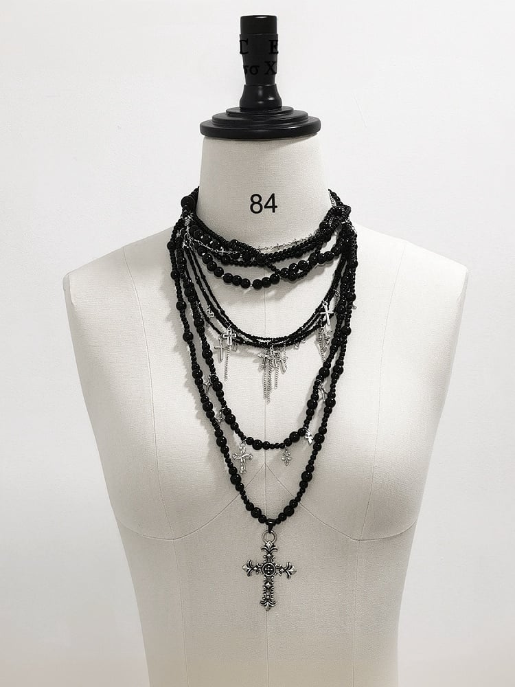 Silver Cross Pendant Gothic Black Layered Beaded Necklace