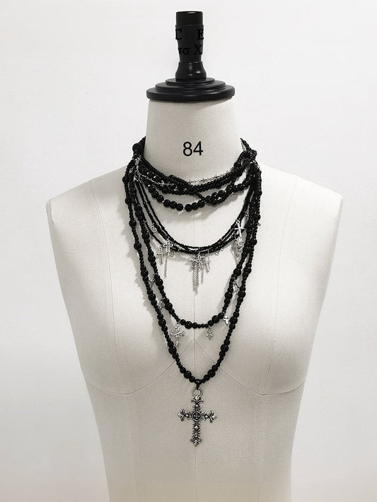 Silver Cross Pendant Gothic Black Layered Beaded Necklace
