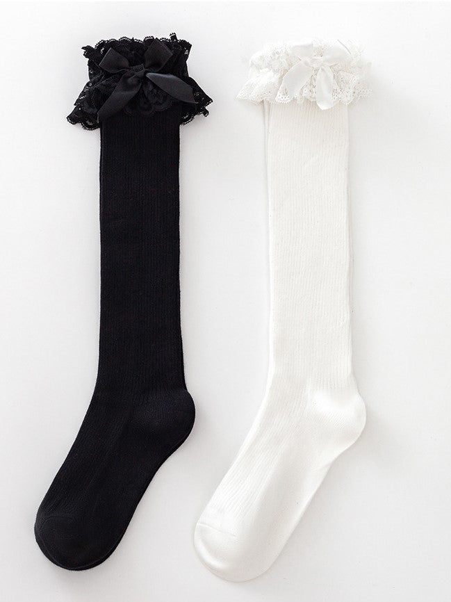 Calf Lolita Lace Details Cuff Black/White Socks Bowknot