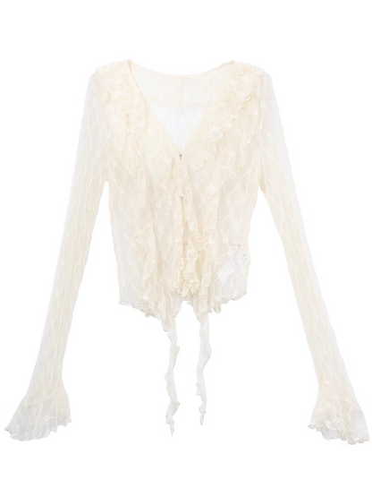 ベージュのカスケーディングフリルトリムレーストップス