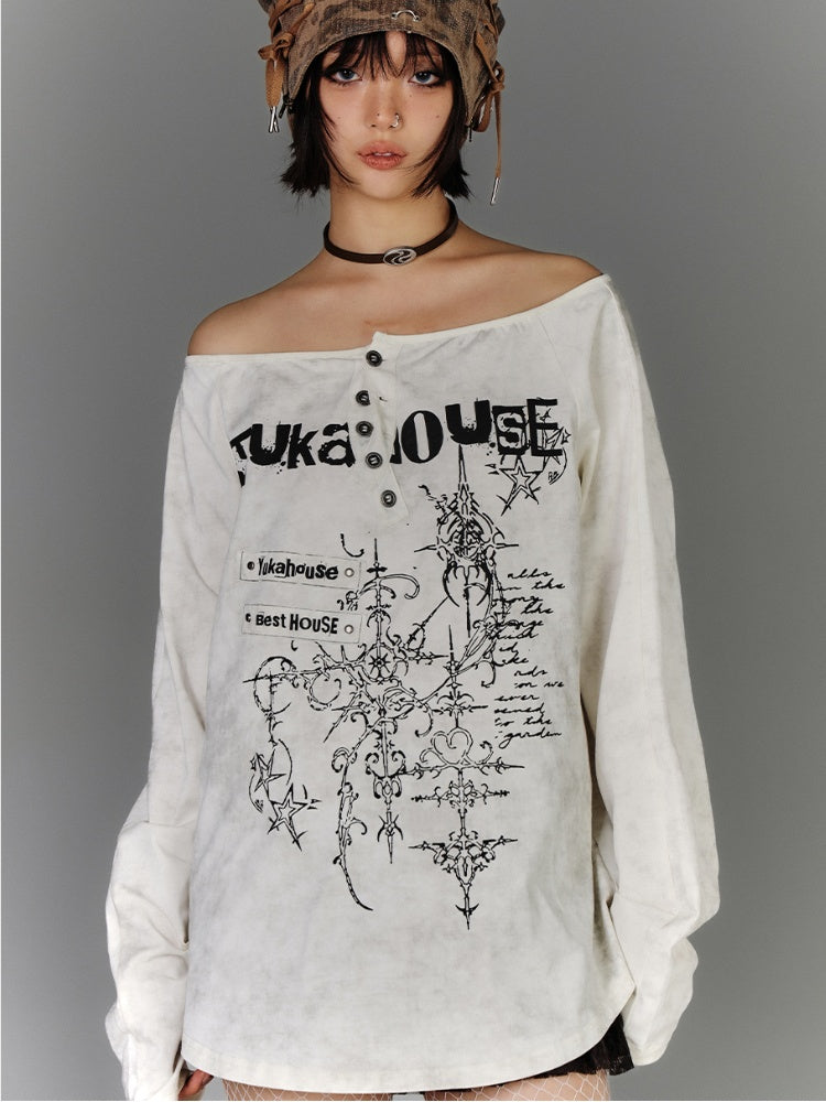 Aprikosenfarbenes, schulterfreies Baumwolltop mit Grafik und Used-Look-Ausschnitt