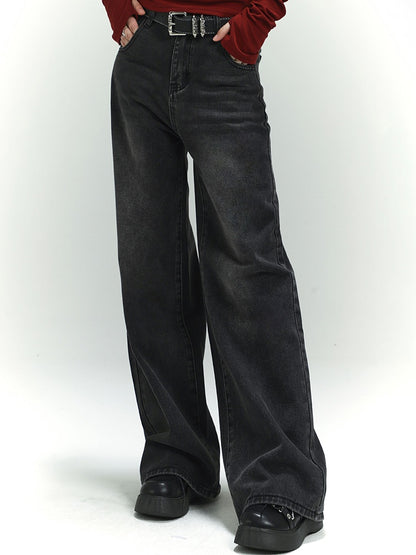 Dunkelgraue, verblasste Vintage-Jeans mit weitem Bein