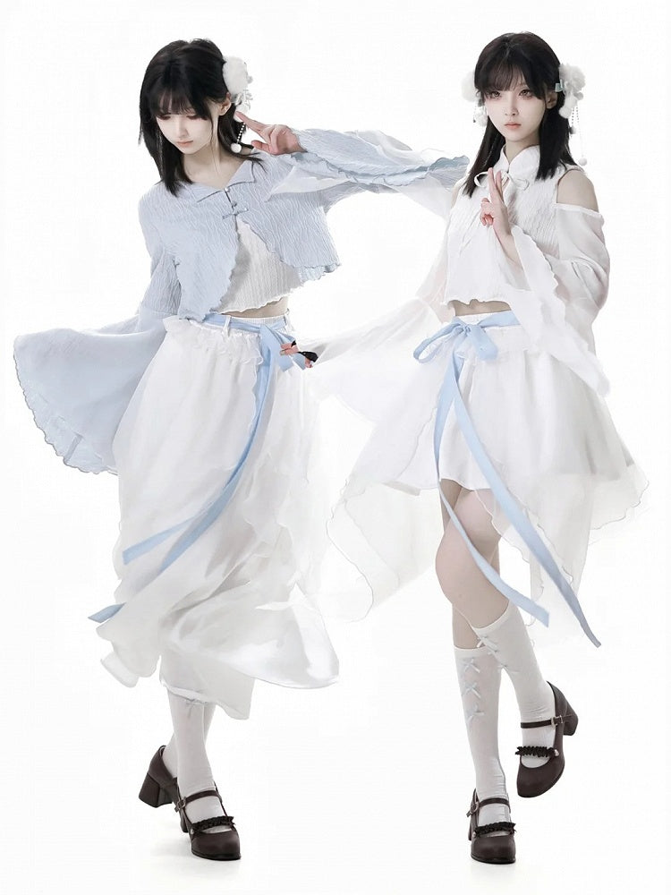 Sleeves Cropped Top White Cheongsam Collar Cutout Shoulder Bell