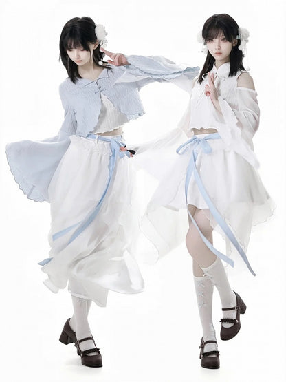 Sleeves Cropped Top White Cheongsam Collar Cutout Shoulder Bell