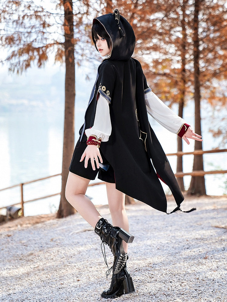 Black Ouji Fashion Chinoiserie Copper Coins Panda Ears Hooded Coat