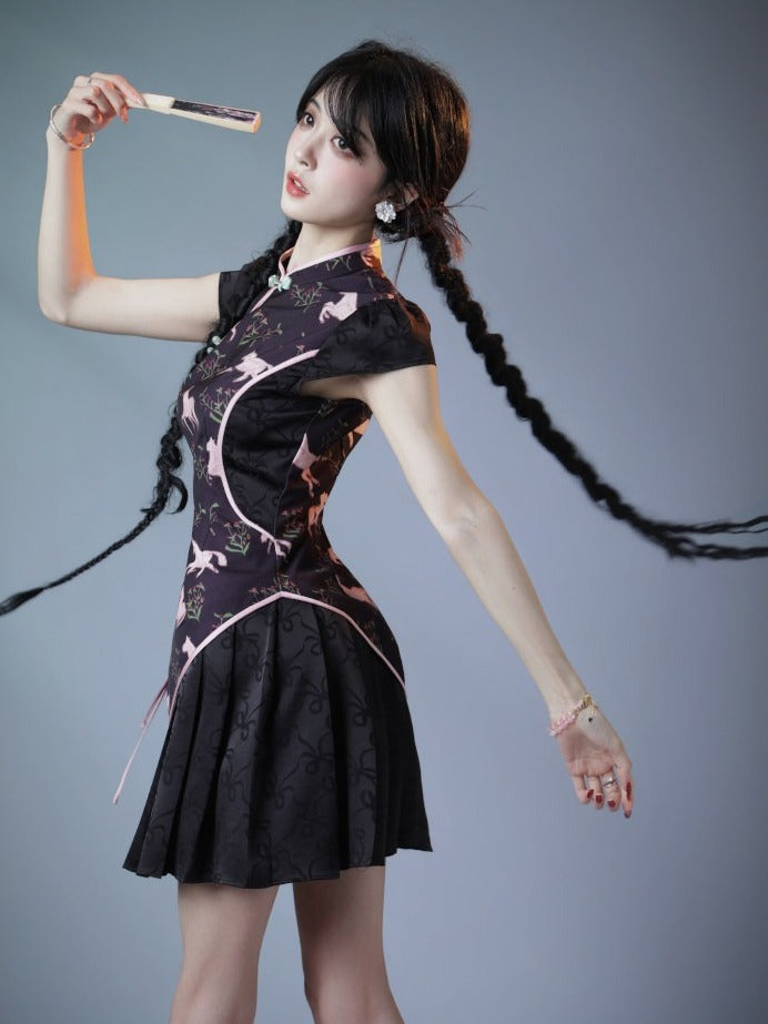 Sweet Cheongsam Dress with Horse Pattern & Pleated Skirt - sijinstudio