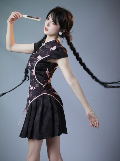 Sweet Cheongsam Dress with Horse Pattern & Pleated Skirt - sijinstudio