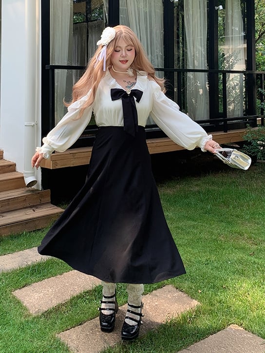 / Bowknot Detachable Shoulder Plus Size Black Waist Dress Cutout with High Pink and