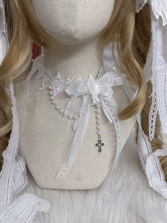Bow Lace Beads Choker Pendant White Butterfly Cross