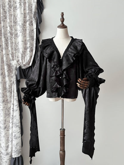 Structured Shirt V-neck Black Gothic Ruffles Long Sleeves Lolita
