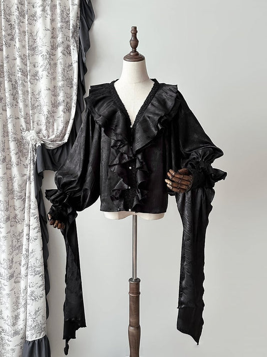 Sleeves Long Ruffles Black V-neck Gothic Lolita Structured Shirt