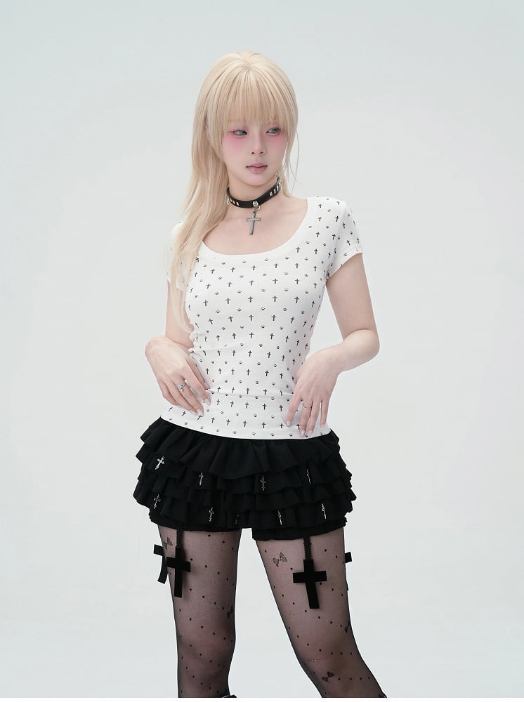 Cat Paw Print Cat Ears Gothic and Back at White Cross Detail T-Shirt Allover Pastel