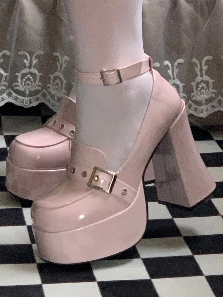 Platform High Block Heel & Buckle Design PU Peach Pink Y2K Shoes