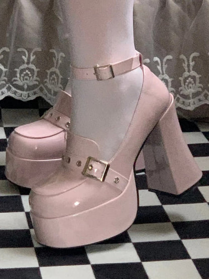 Platform High Block Heel & Buckle Design PU Peach Pink Y2K Shoes