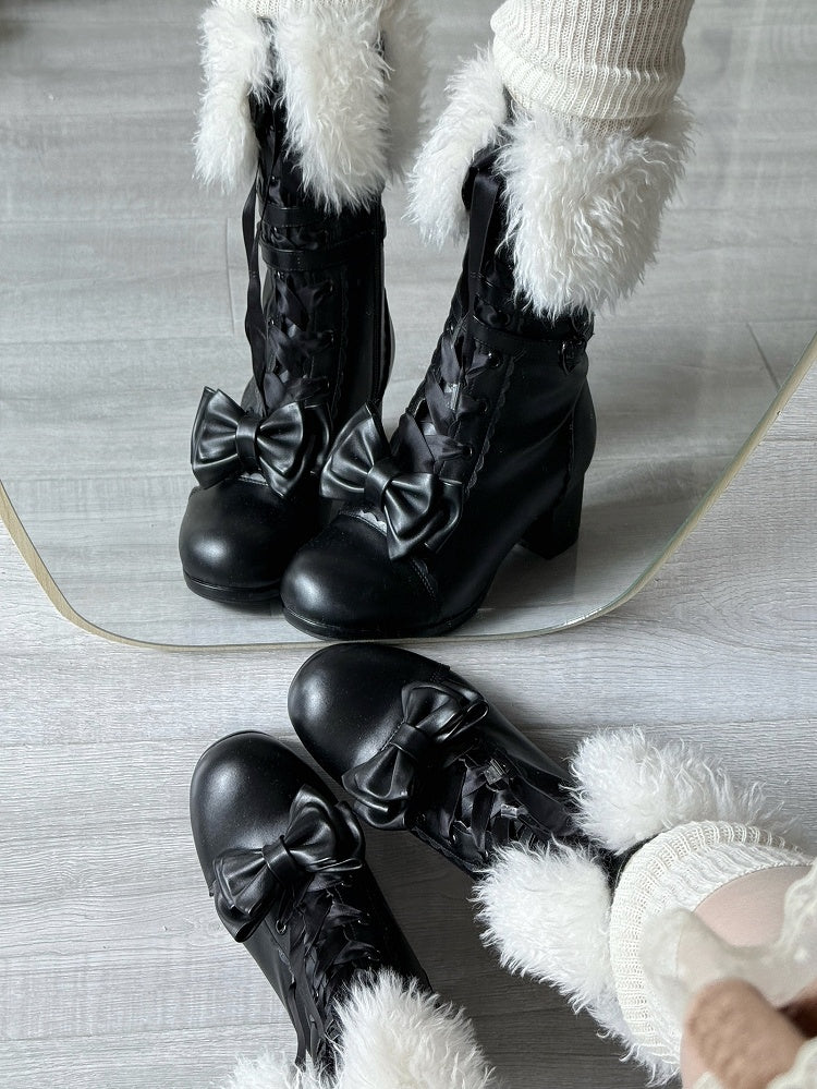 Boots Clasp - Mid-heel Top with at Sophisticated Lolita Multi-Closure Romantic Bow Black