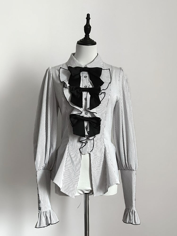 White Striped Long Sleeve Ouji Lolita Blouse with Bow Accents - Danger Girl