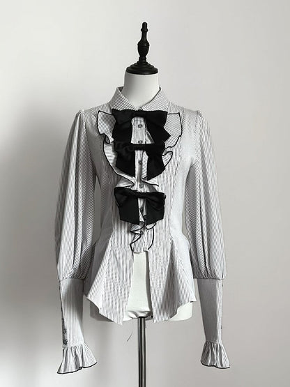 White Striped Long Sleeve Ouji Lolita Blouse with Bow Accents - Danger Girl