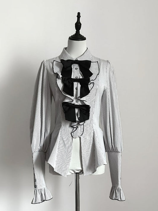 White Striped Long Sleeve Ouji Lolita Blouse with Bow Accents - Danger Girl