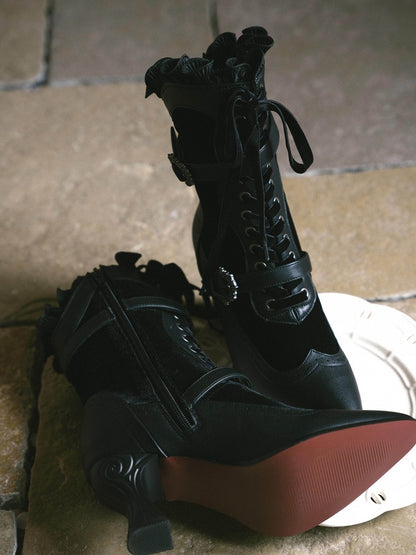 Embossed 7.3CM High Heel Boots with Metal Buckle and Lace Gothic Details - Lacy Bones