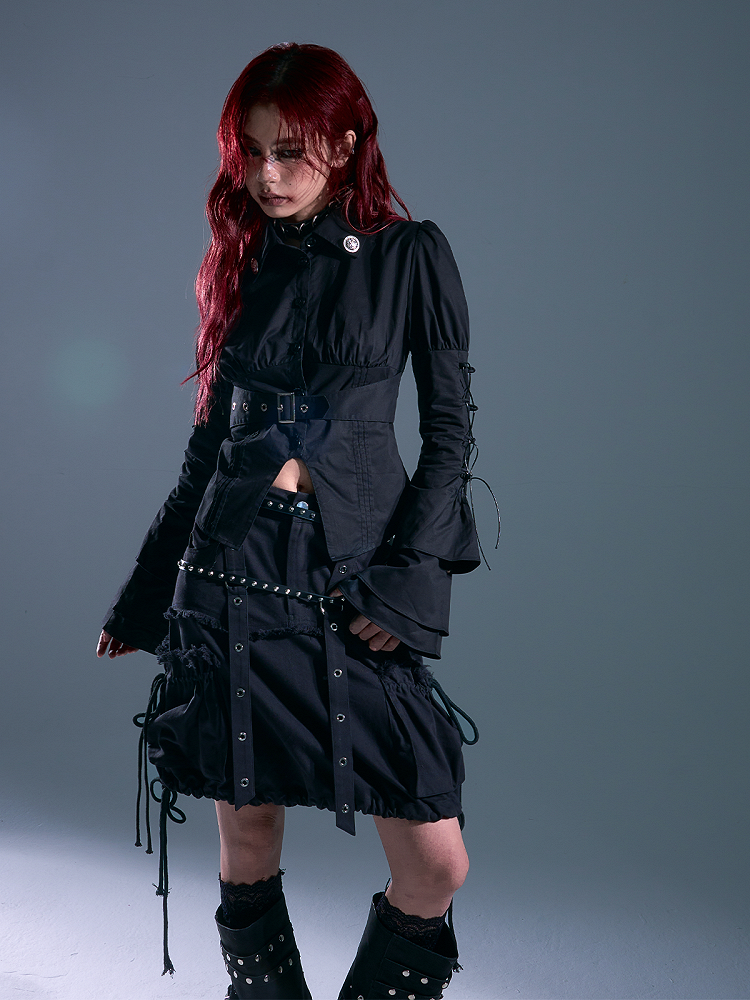 Distressed Side - Design Black Skirt Punk Pockets Drawstring