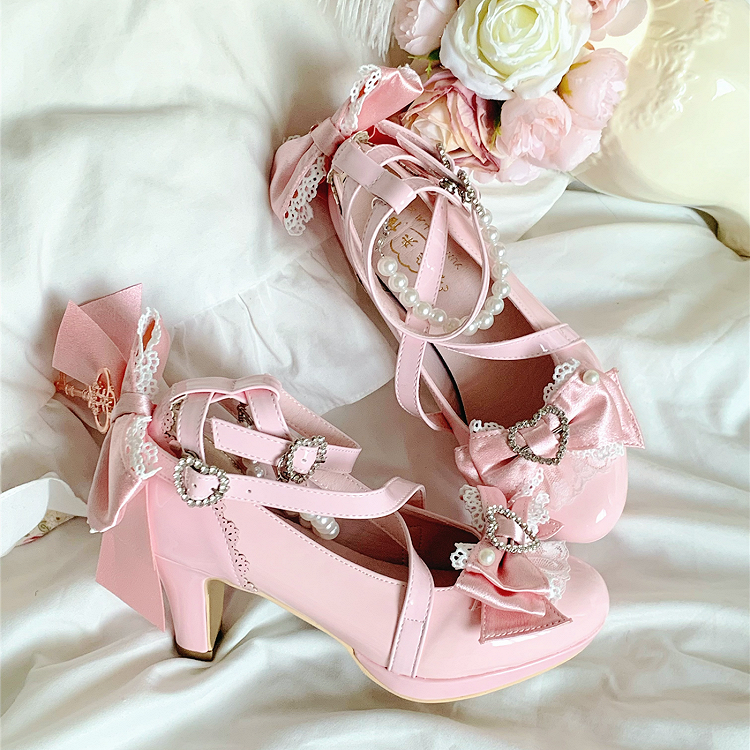Lolita Detachable Chain Beaded Mary Janes Pink Hime Straps - Crisscross